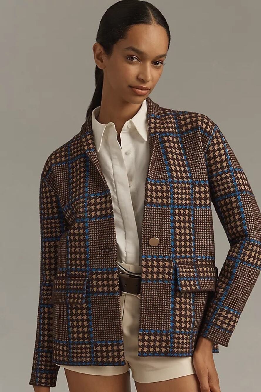 Anthropologie NVLT Knit Relaxed Sweater Blazer Cardigan Brown Houndstooth XL